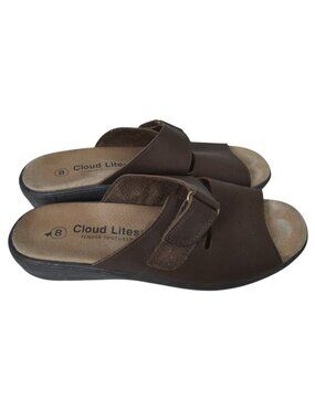 Cloud Lites Tender Tootsies Brown Leather Slide Sandals Velcro Slip On Size 8